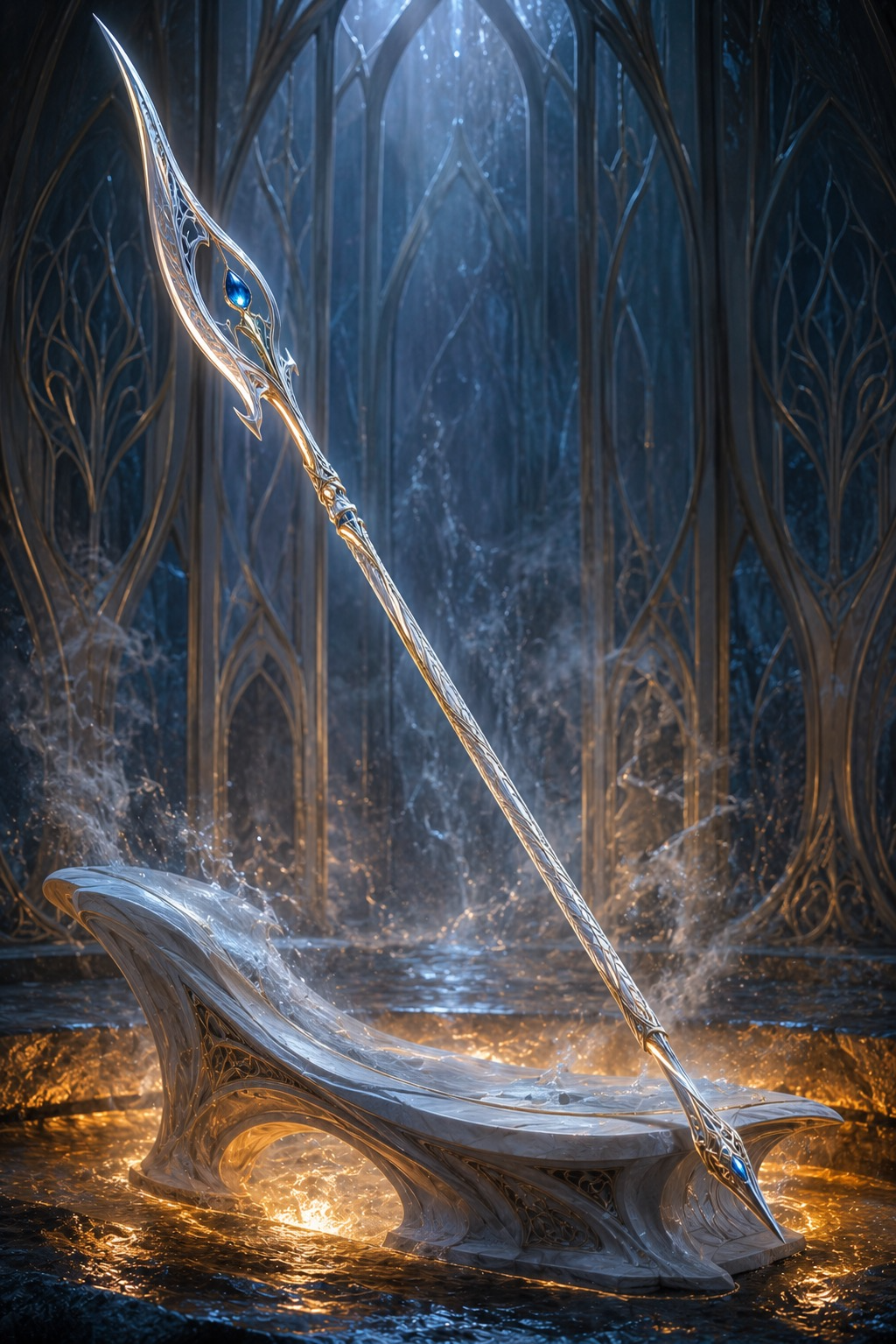 An ornate silver and gold spear resting above a luminous anvil